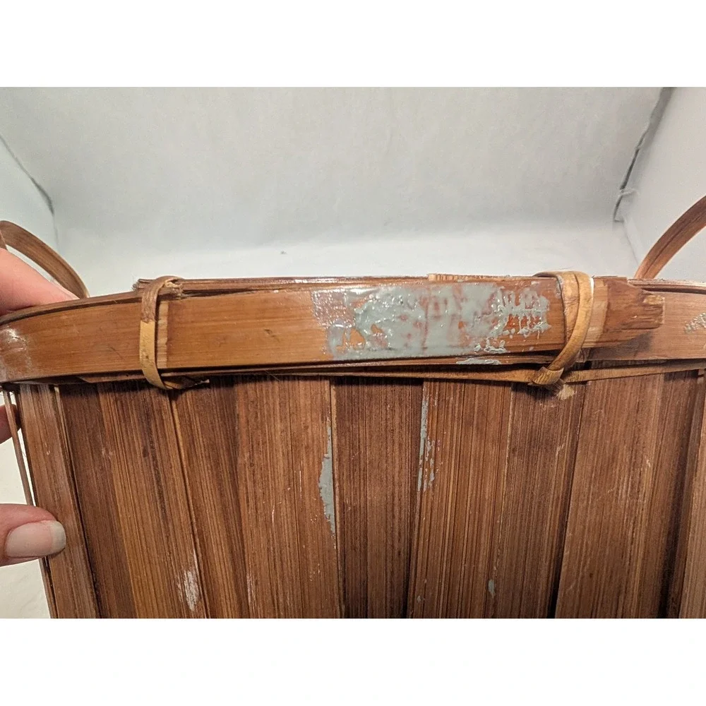 Vintage Woven Bamboo Strawberry Basket Oval Slatted Wood Storage with Handles